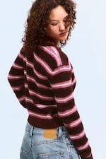 Dark Red & Pink Stripes - Brushed Knit Buttoned Cardigan - 2