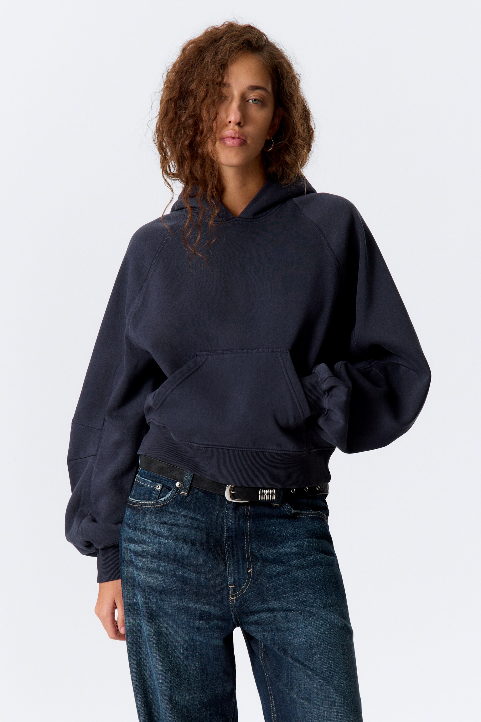 Raglan-Sleeved Boxy Hoodie - Washed Dark Navy Blue/Grey Melange