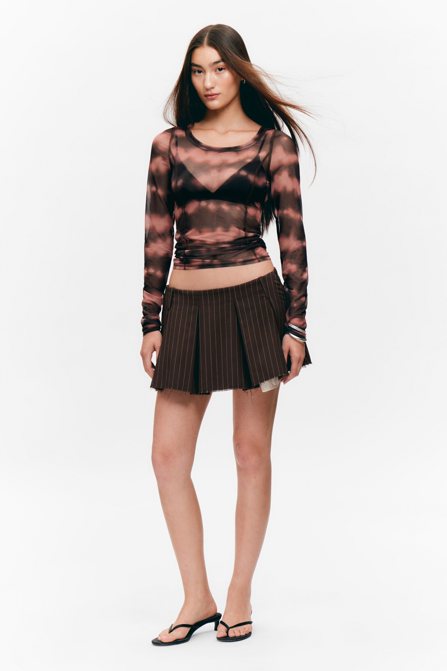 Long-Sleeved Mesh Top - Pink Blurred Stains/Dusty Pink/Black/Yellow Blurred Stains - 1