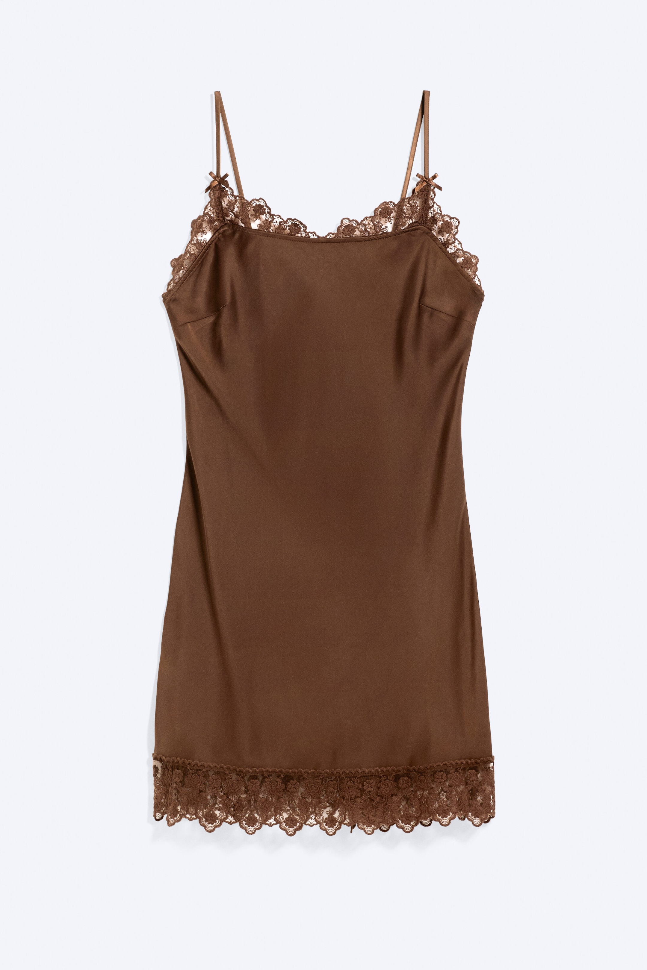 Dunkelbraun - Satin-Unterkleid mit Spitzenbesatz - 4