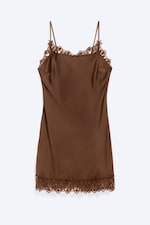 Dunkelbraun - Satin-Unterkleid mit Spitzenbesatz - 4