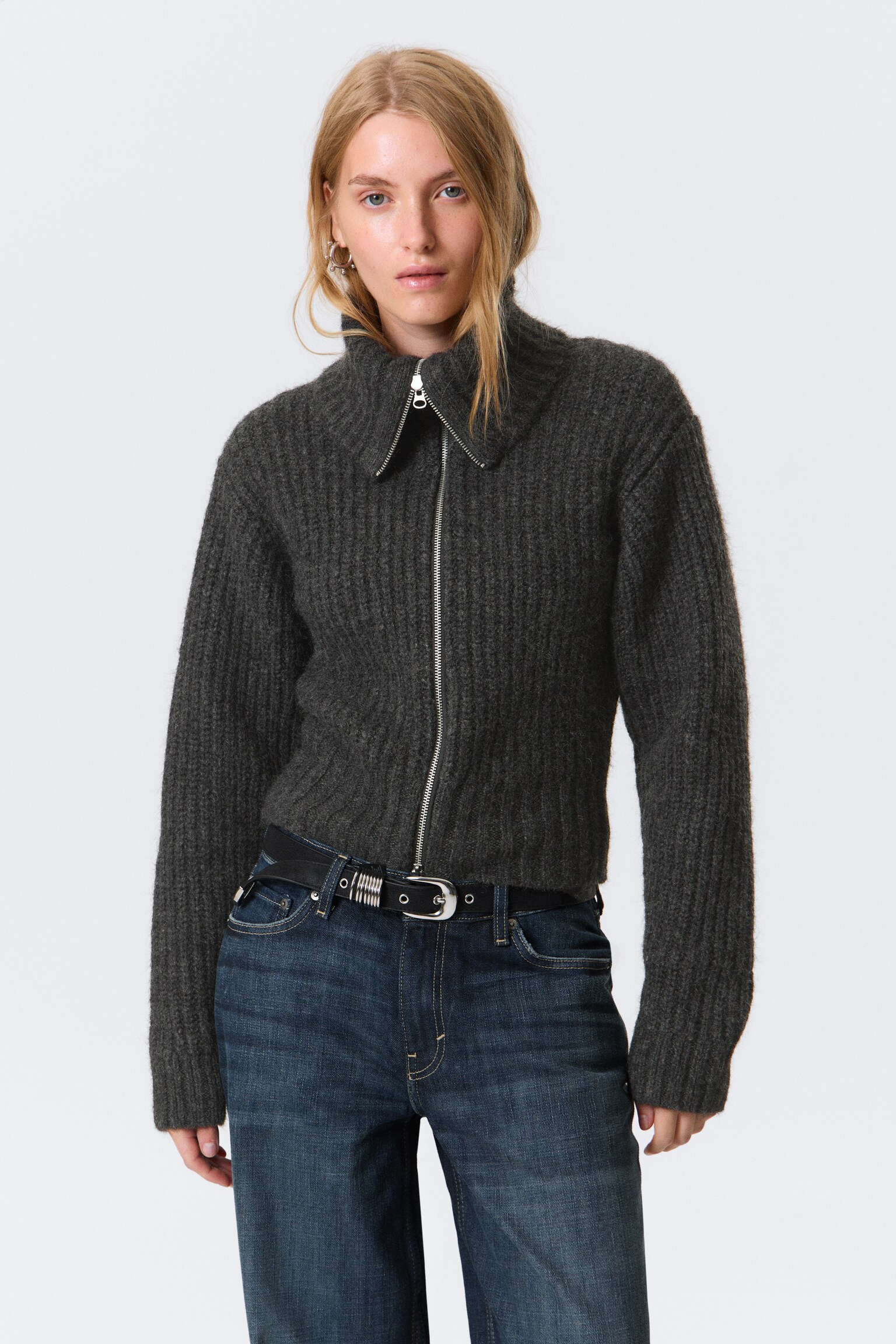 Ribbed Zip-Up Knit Cardigan - Dark Grey Melange/Dark Red Melange