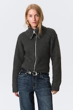 Dark Grey Melange - Ribbed Zip-Up Knit Cardigan - 0