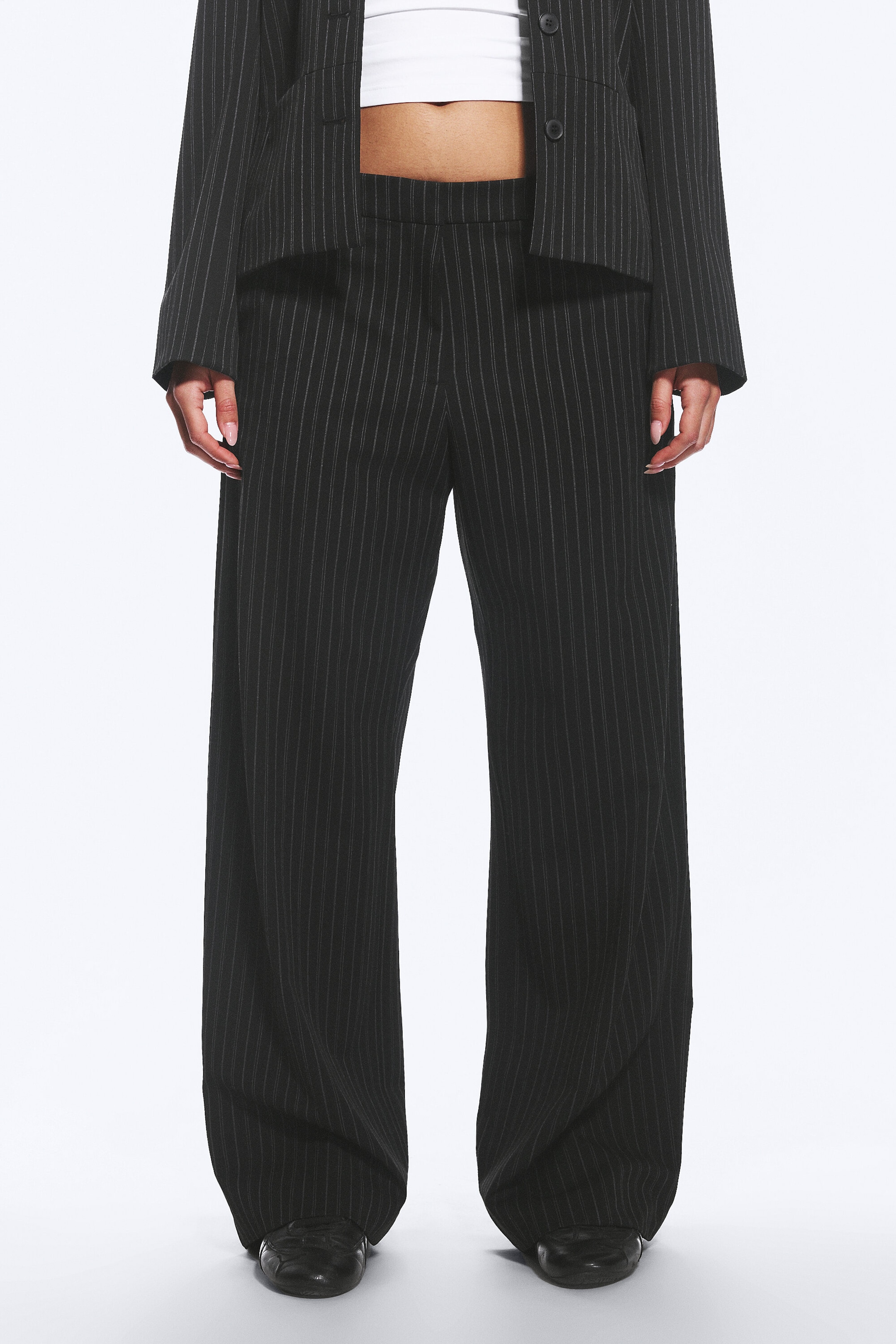 Pinstriped Black - Low-Waisted Loose Fit Suit Trousers - 2