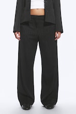 Pinstriped Black - Low-Waisted Loose Fit Suit Trousers - 1