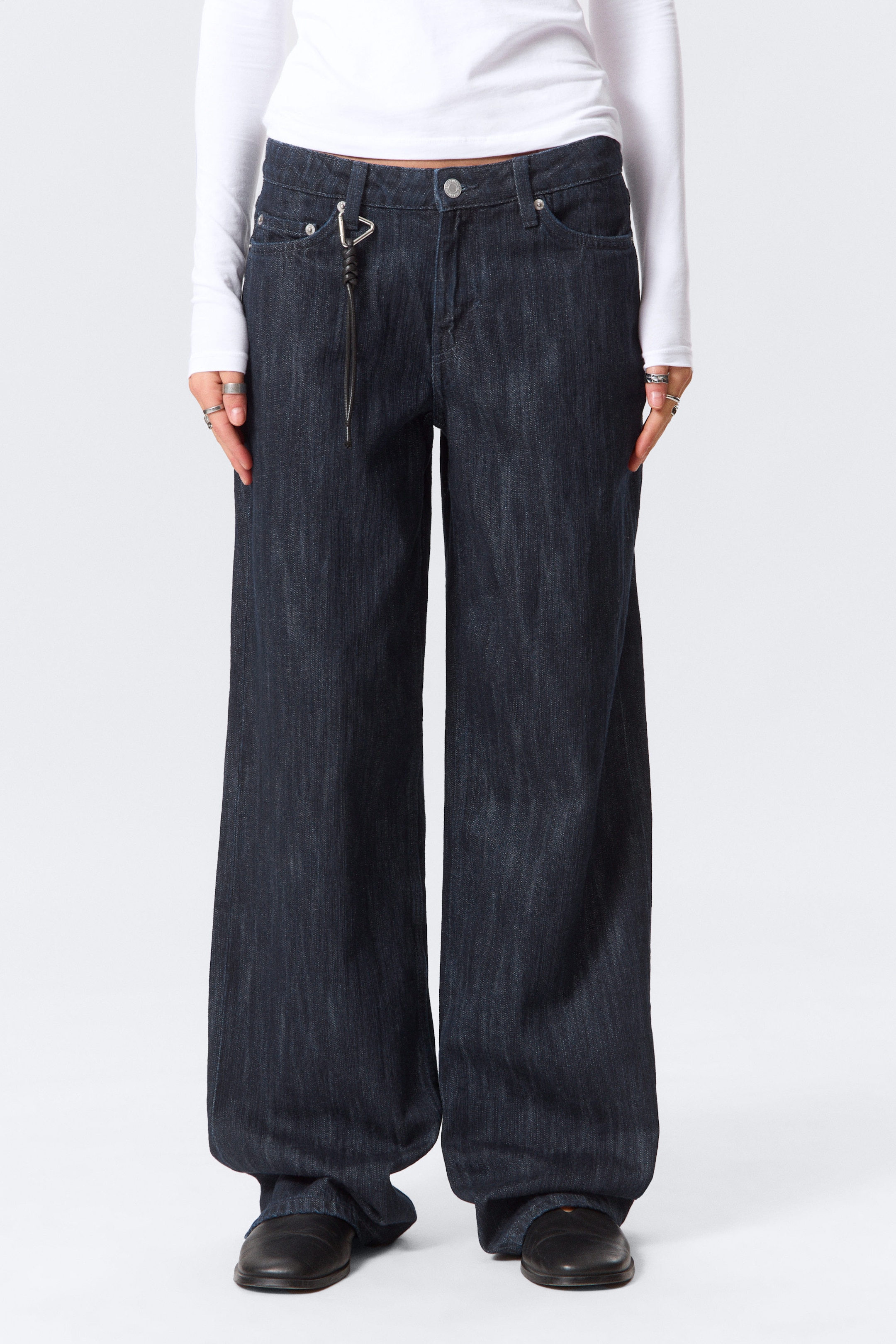 Slub Rinse - Dark Blue - Ample Mid Rise Loose Wide Leg Jeans - 2