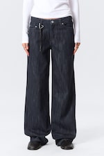 Slub Rinse - Dark Blue - Ample Mid Rise Loose Wide Leg Jeans - 1