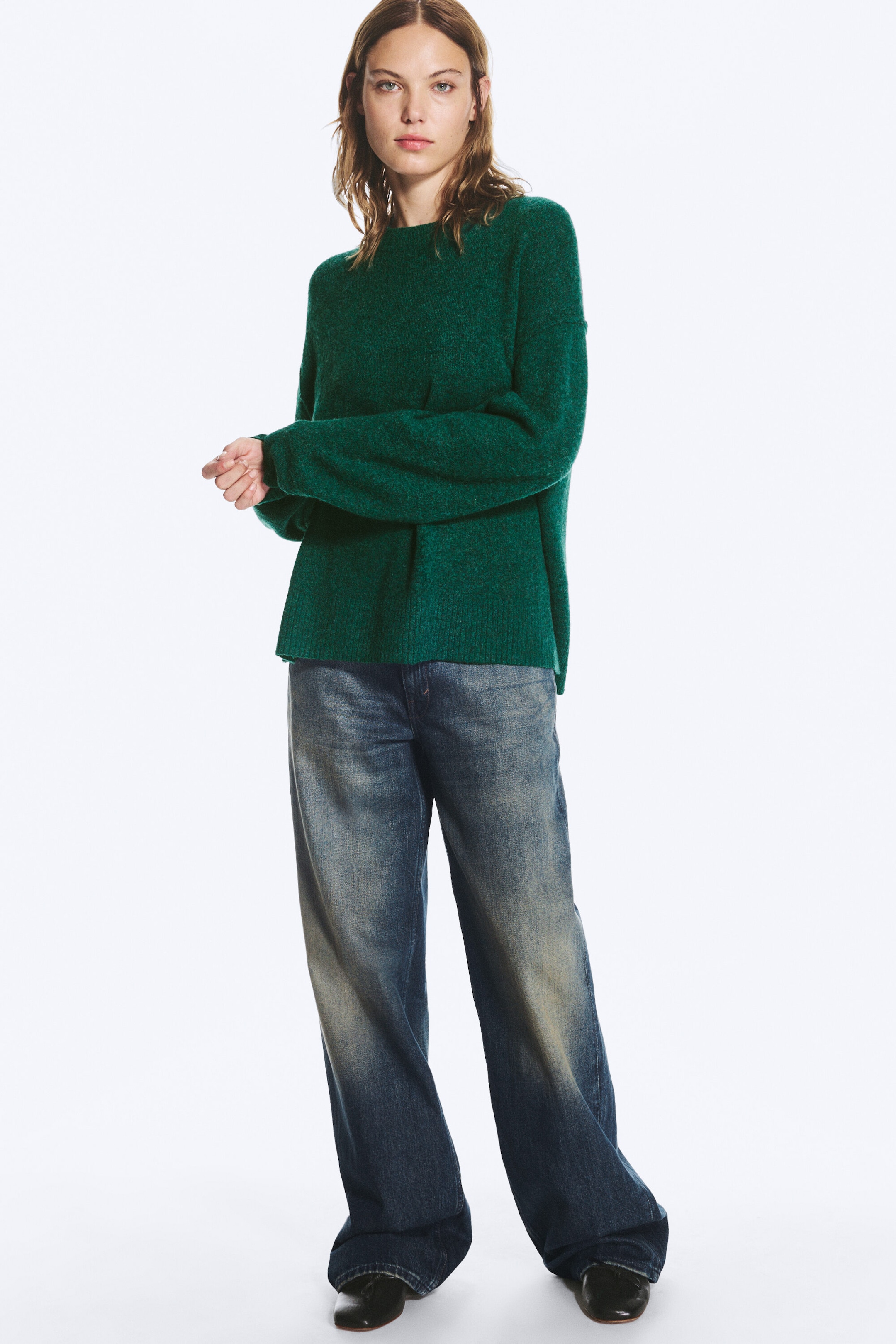 Dunkelgrün Melange - Relaxter Strickpullover - 2