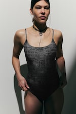 Dark Grey - Alligator Print - Square Neck Printed Swimsuit - 1