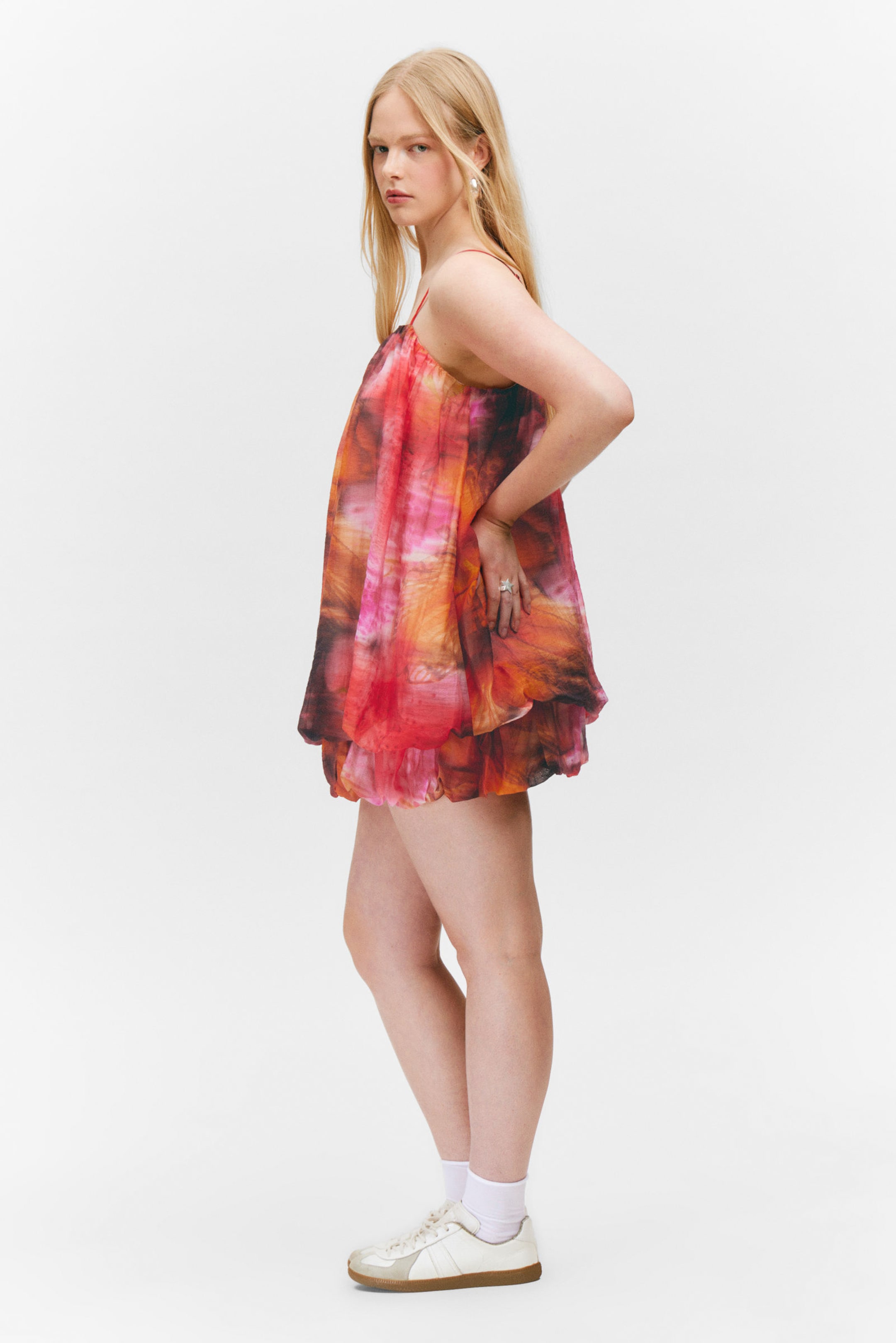 Red & Orange - Calypso Flower - Sleeveless Balloon Mini Dress - 2