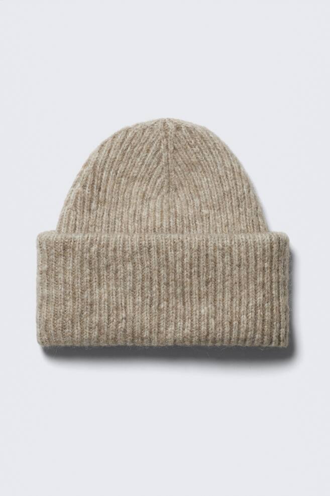 Strikket Fold-Up Ribbet Beanie - Beige/Bright Orange & Burgundy - 1