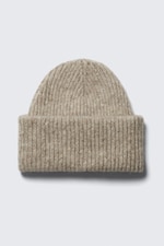 Beige - Stickad uppvikbar ribbstickad beanie - 0