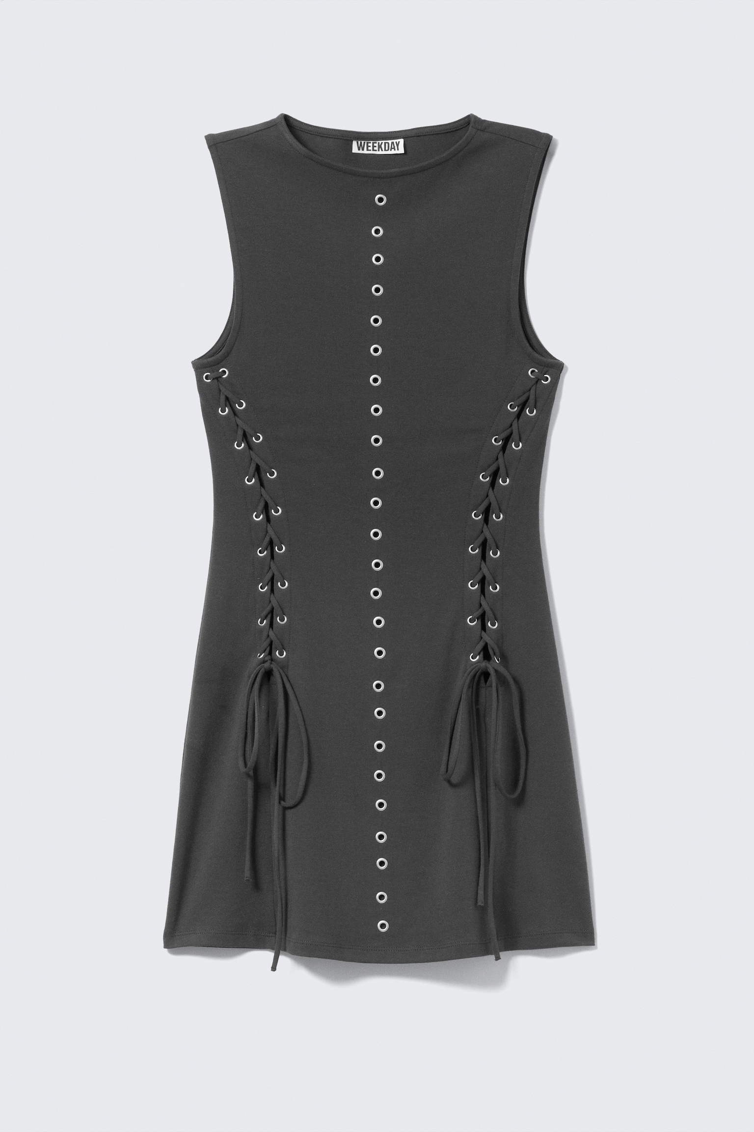 Eyelet Lace-Up Mini Dress - Dark Grey - 2