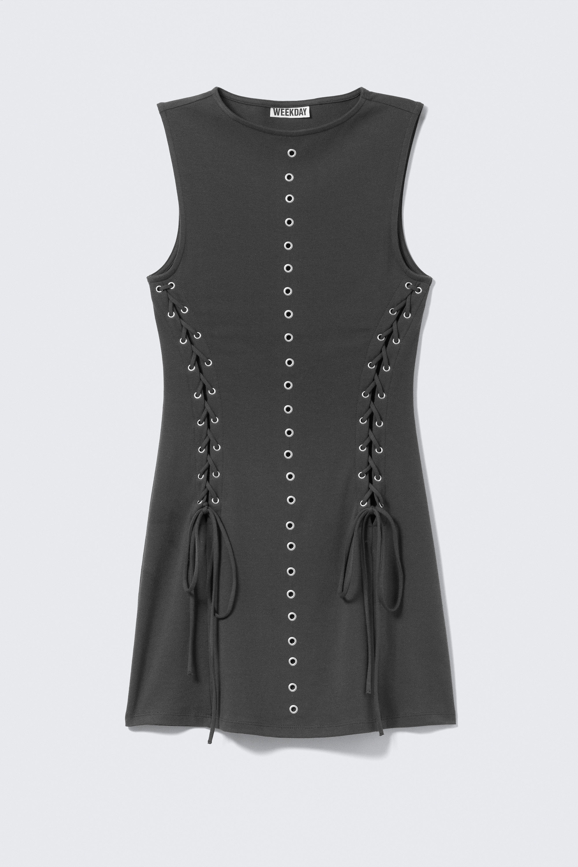 Dark Grey - Eyelet Lace-Up Mini Dress - 4