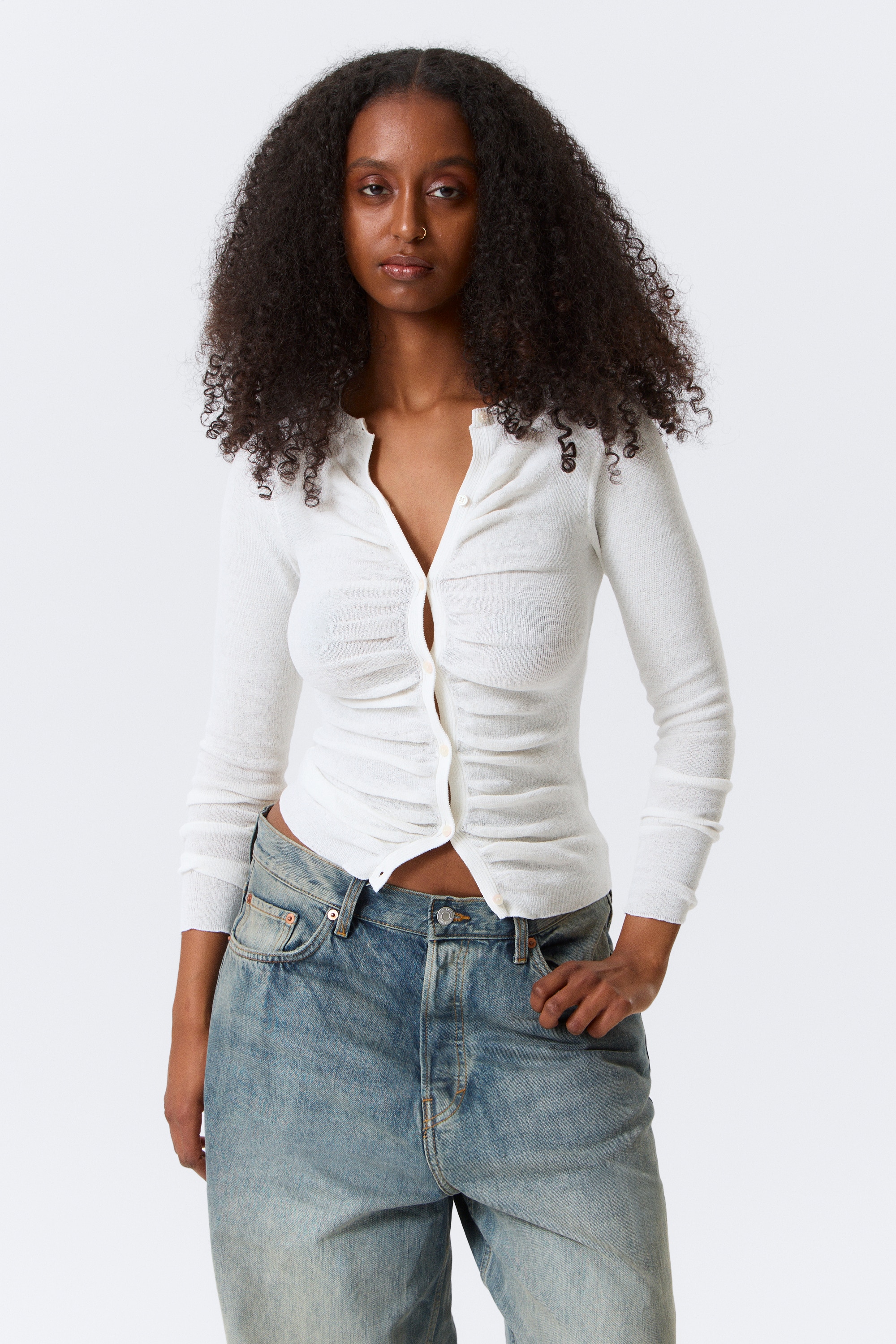 Slim Ruched Button-Front Cardigan - Off-white/Dark Grey
