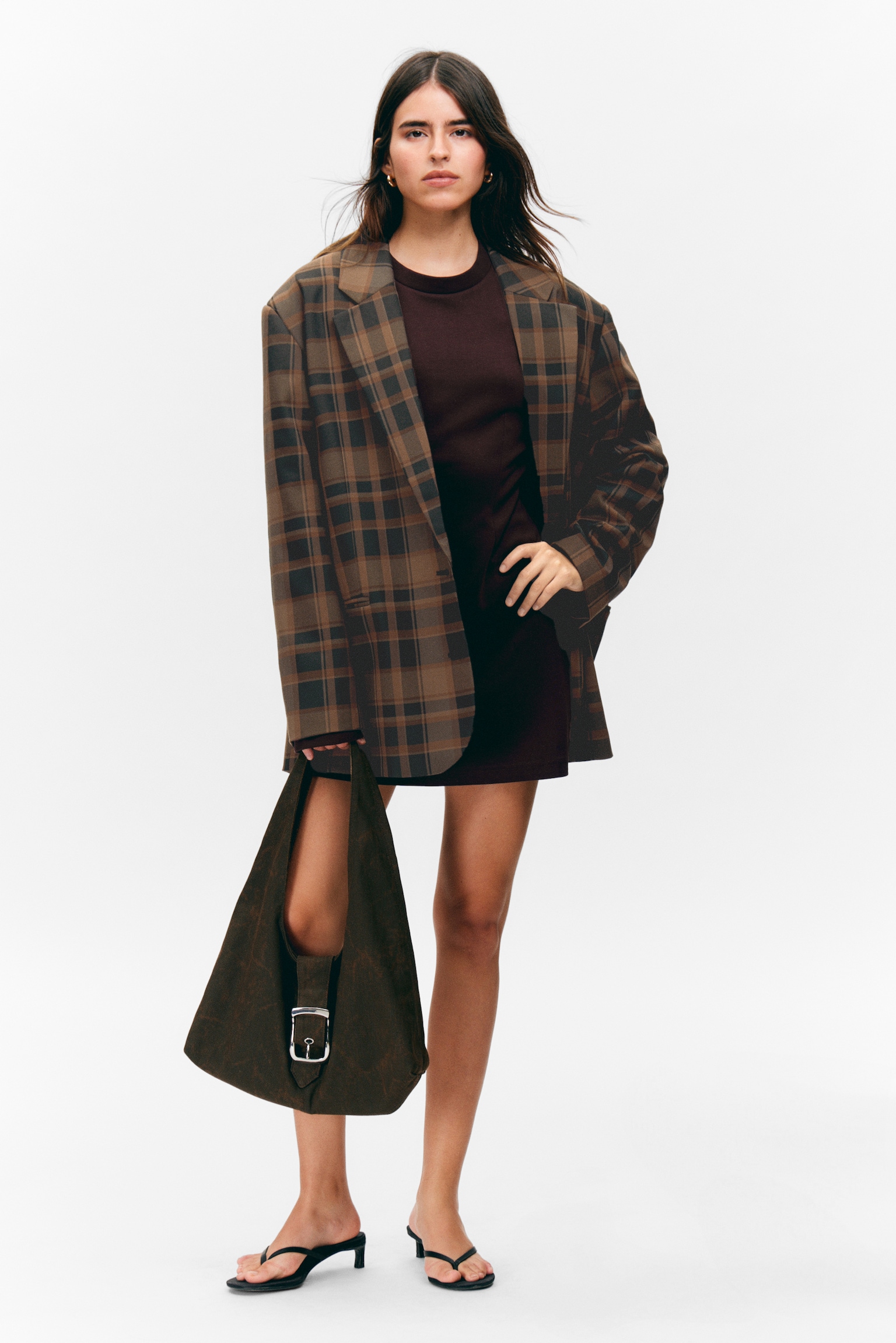 Enkelspent, oversized rutete blazer - Rutete Mørk Brun