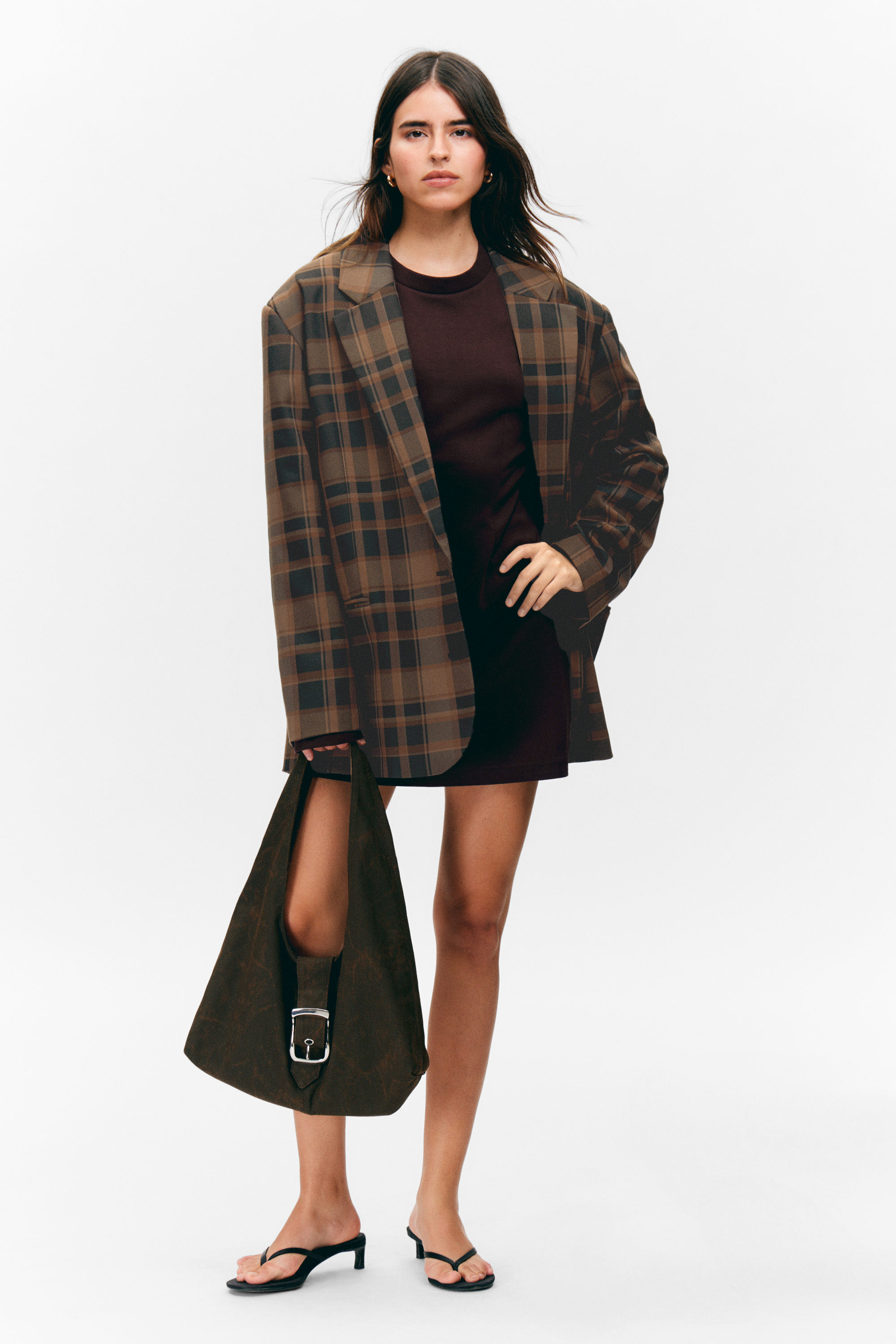 Dunkelbraun kariert - Einreihiger Oversize-Blazer mit Karomuster - 1