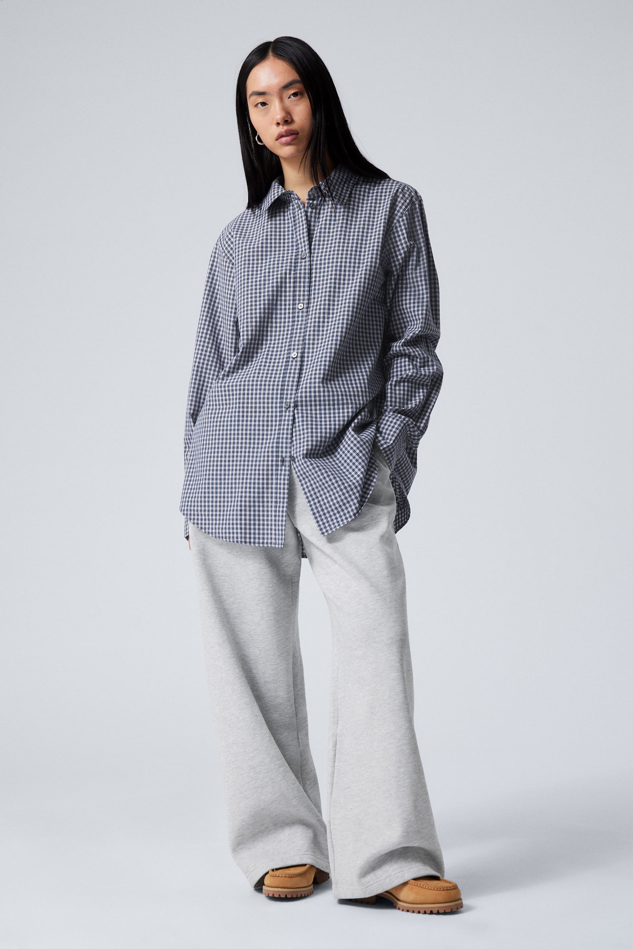 Dark Blue Check - Long-Sleeved Poplin Cotton Shirt - 1