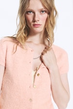 Helles Pfirsichrosa - Kurzärmeliger Strickcardigan - 1