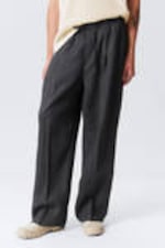 Dark Grey - Loose Fit Straight Leg Linen Trousers - 1