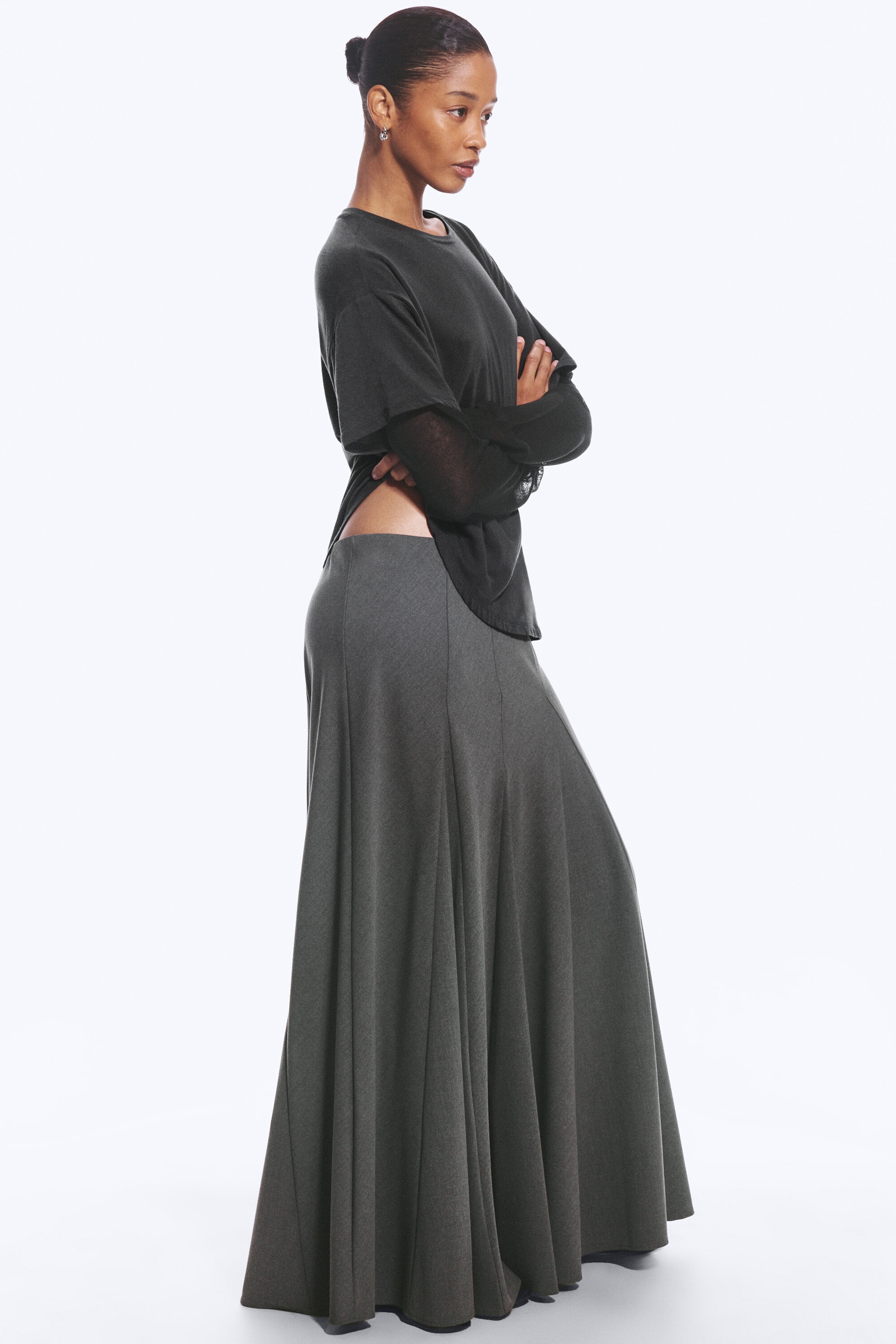 Dark Grey Melange - Mid Rise Panelled Maxi Skirt - 1