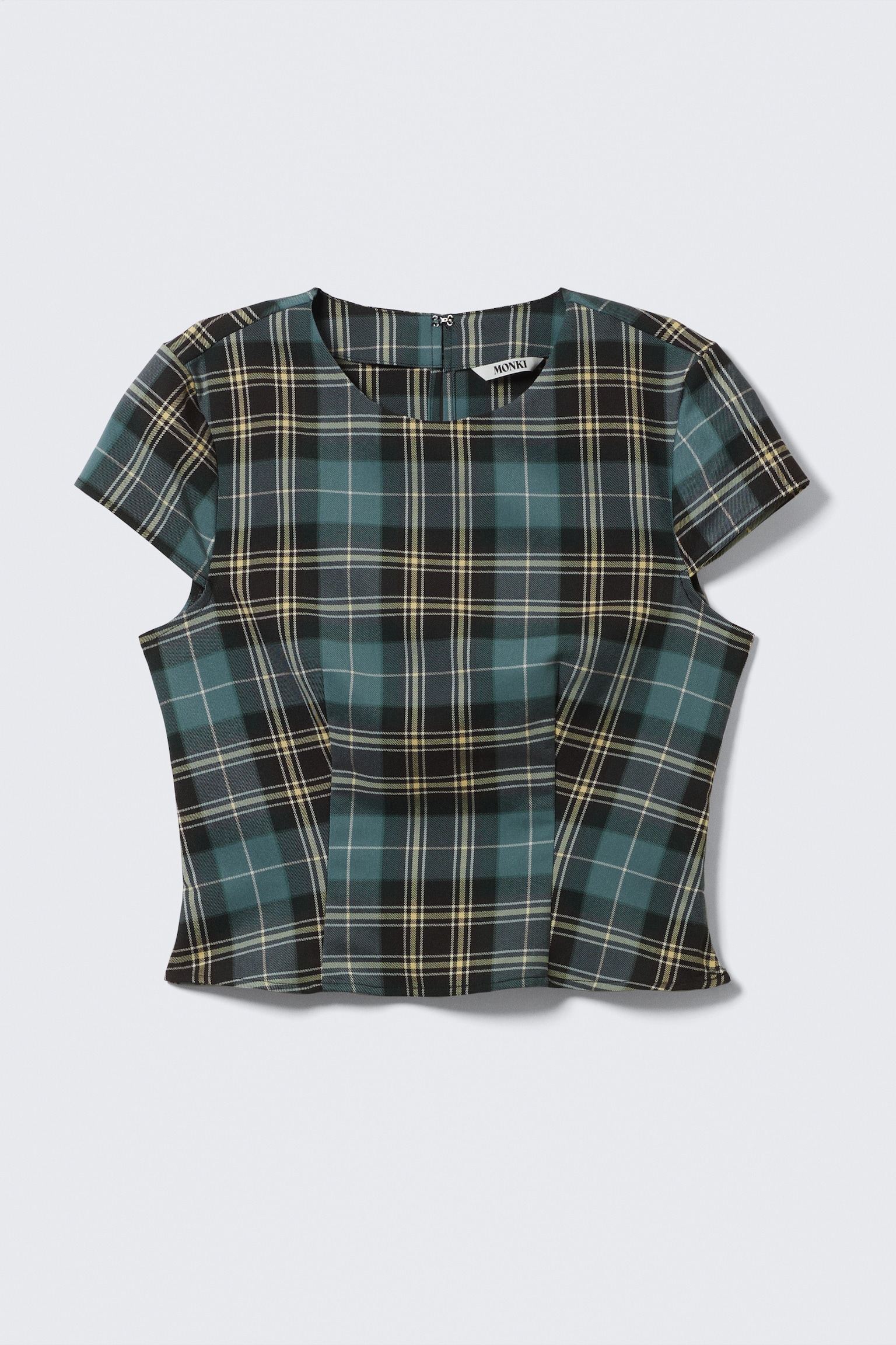 Fitted Short-Sleeved Twill Top - Turquoise & Yellow Checks - 2