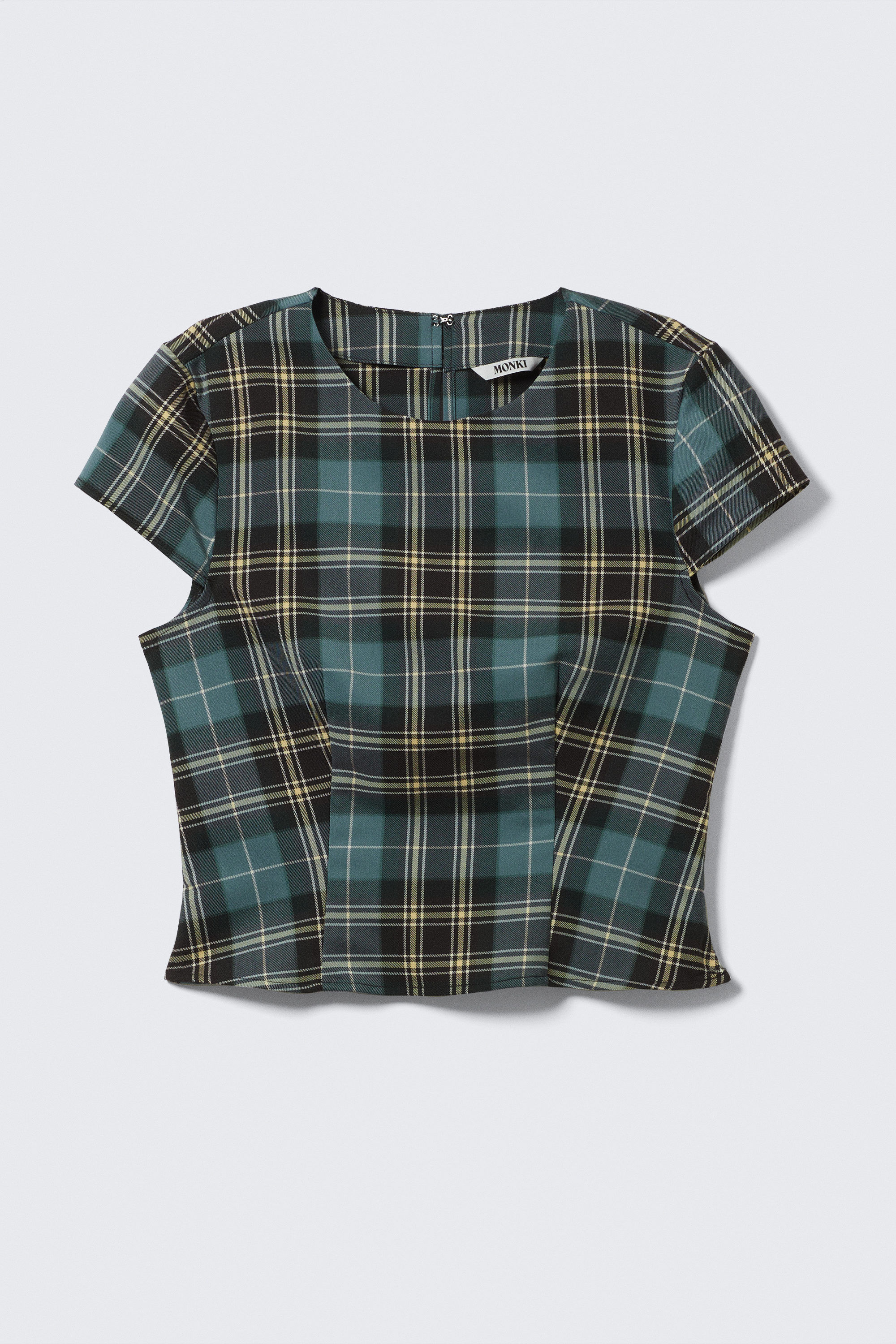 Turquoise & Yellow Checks - Fitted Short-Sleeved Twill Top - 3