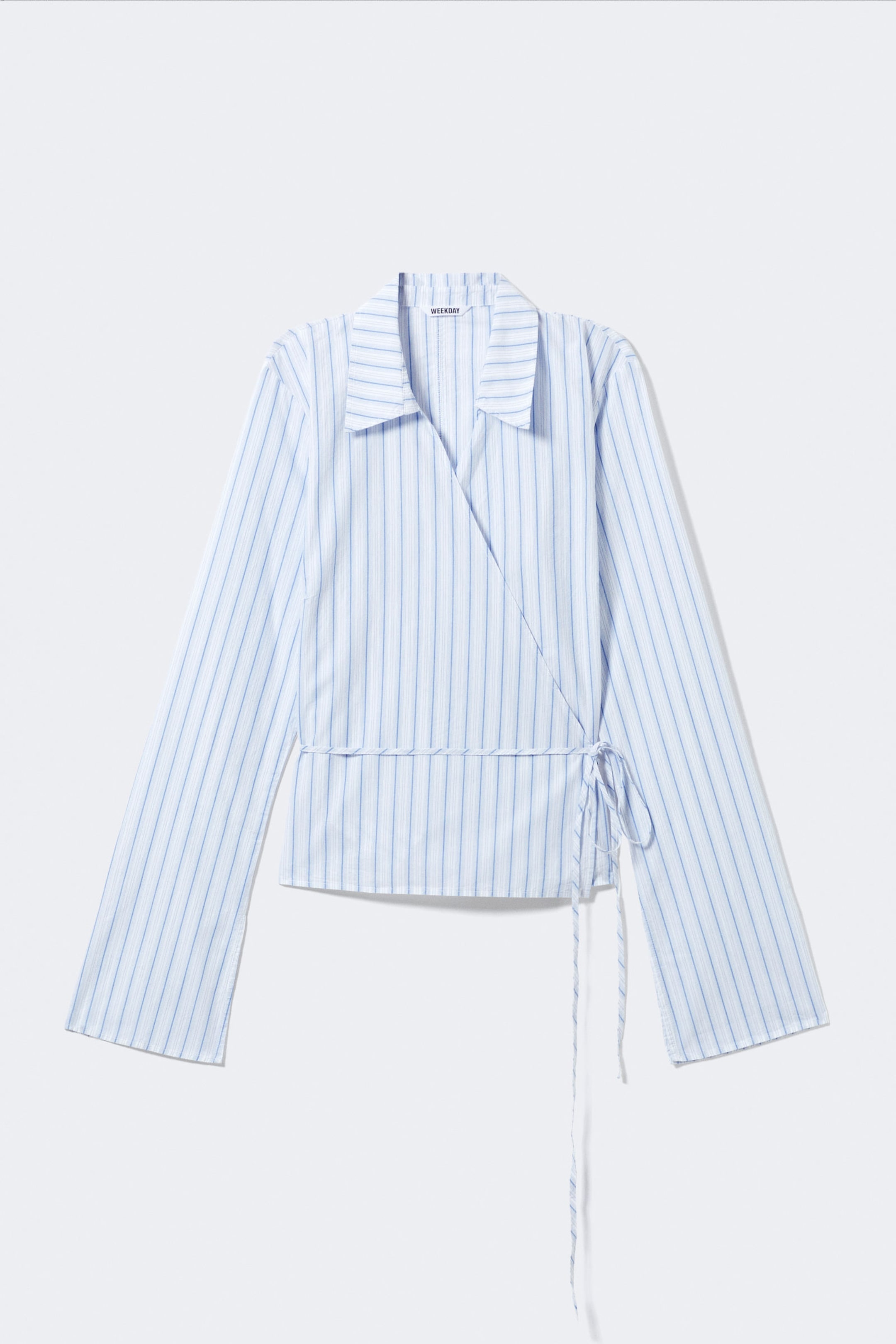 Striped Blue - Long-Sleeved Wrap Poplin Shirt - 4