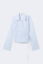 Striped Blue - Long-Sleeved Wrap Poplin Shirt - 4