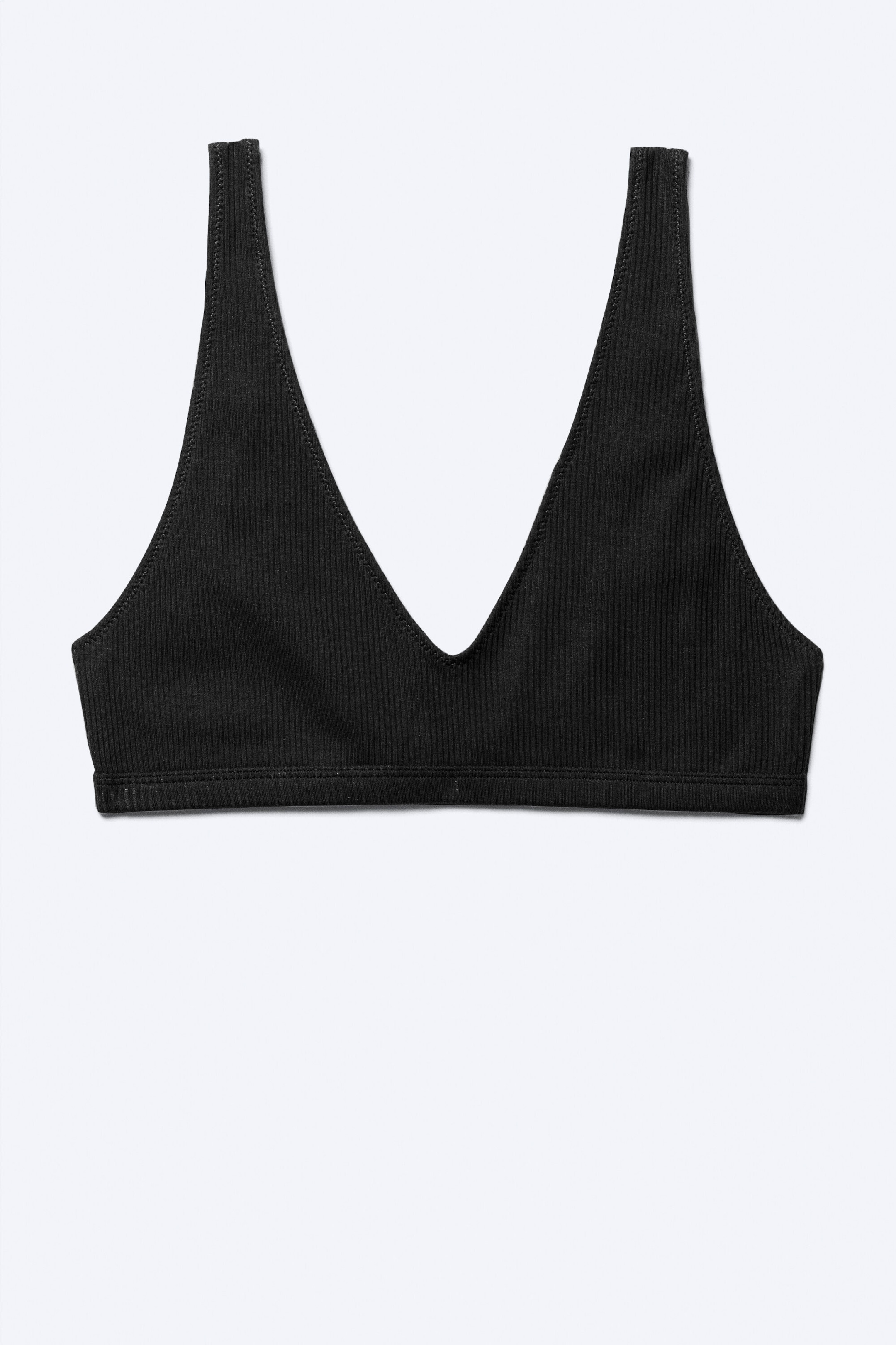 Schwarz - Gerippter Soft-BH mit tiefem V-Ausschnitt - 4