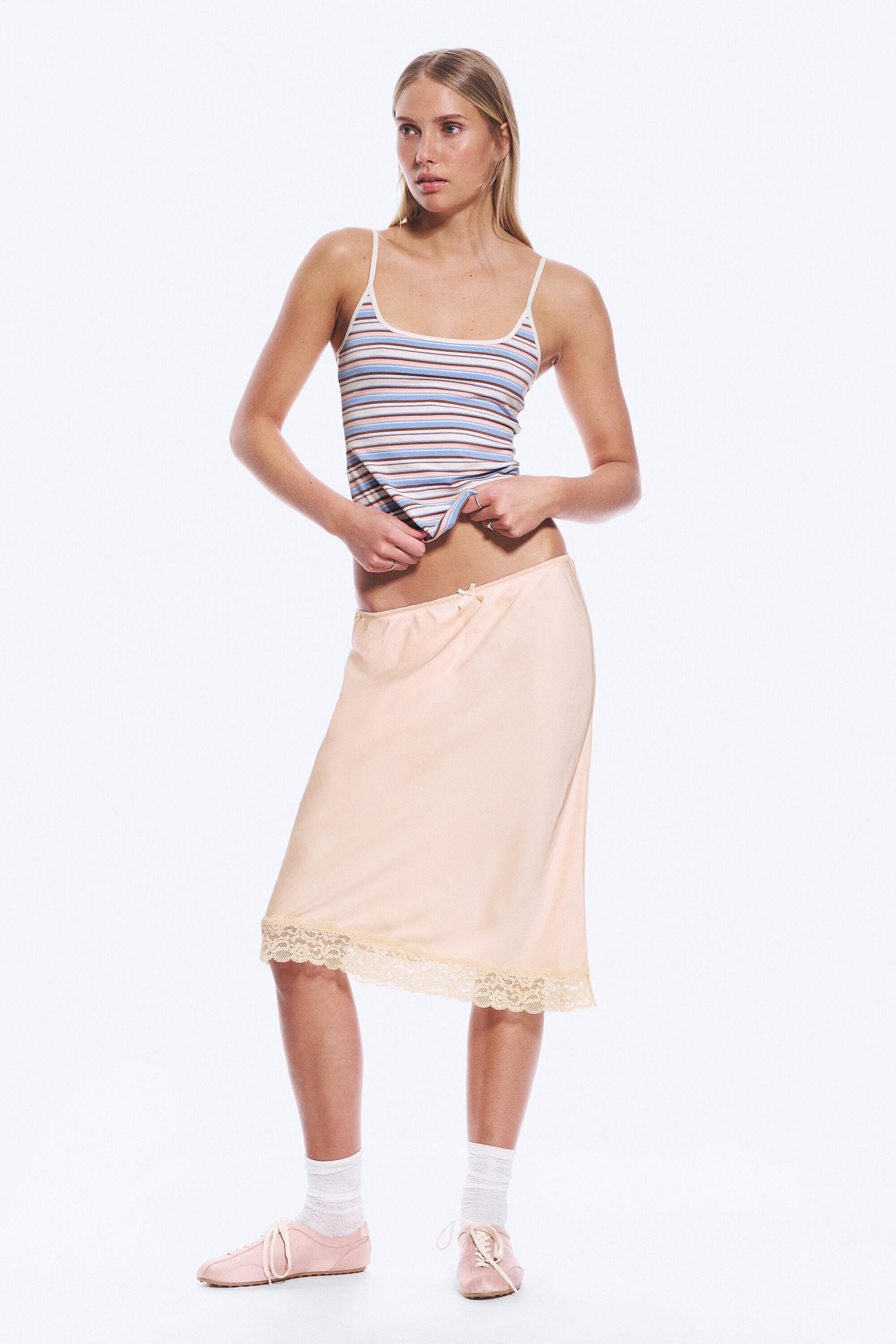 Dusty Pink - Satin Lace Midi Skirt - 2