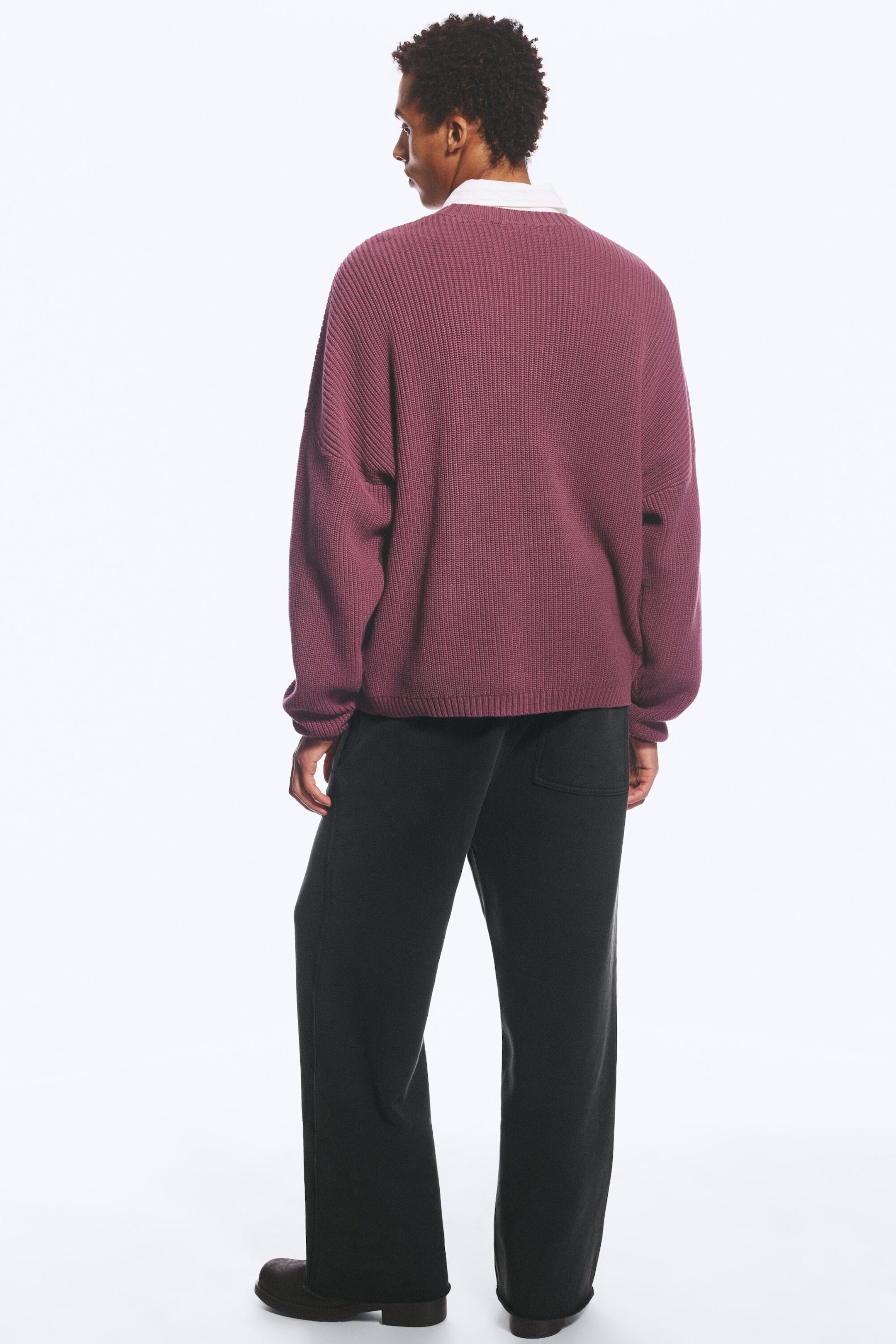 Burgundy - Oversized Graphic Knitted Cotton Sweater - 3