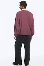 Burgundy - Oversized Graphic Knitted Cotton Sweater - 3