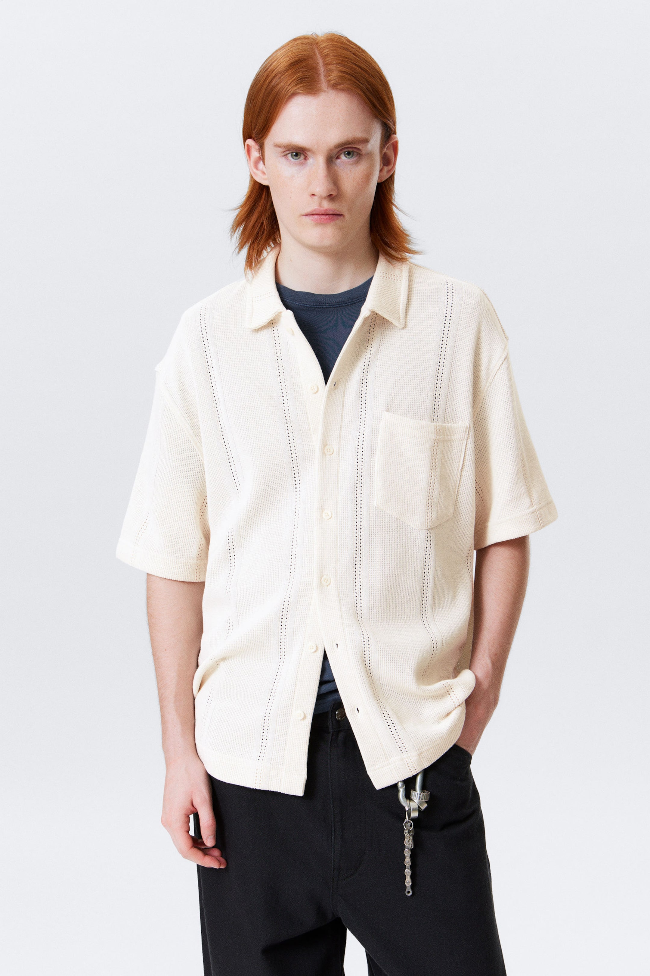 #F4F3E9 - Knitted Short-Sleeved Button-Up Shirt - 1