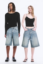 Blue Stream - Medium Blue - Astro Mid Rise Loose Baggy Denim Shorts - 0