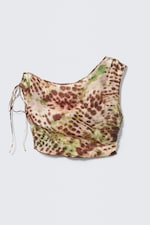 Brown & Green Floral Dots - Sheer Asymmetric Drawstring Top - 0
