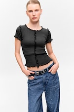 Dark Grey - Frill-Edge Ribbed Knitted Top - 0