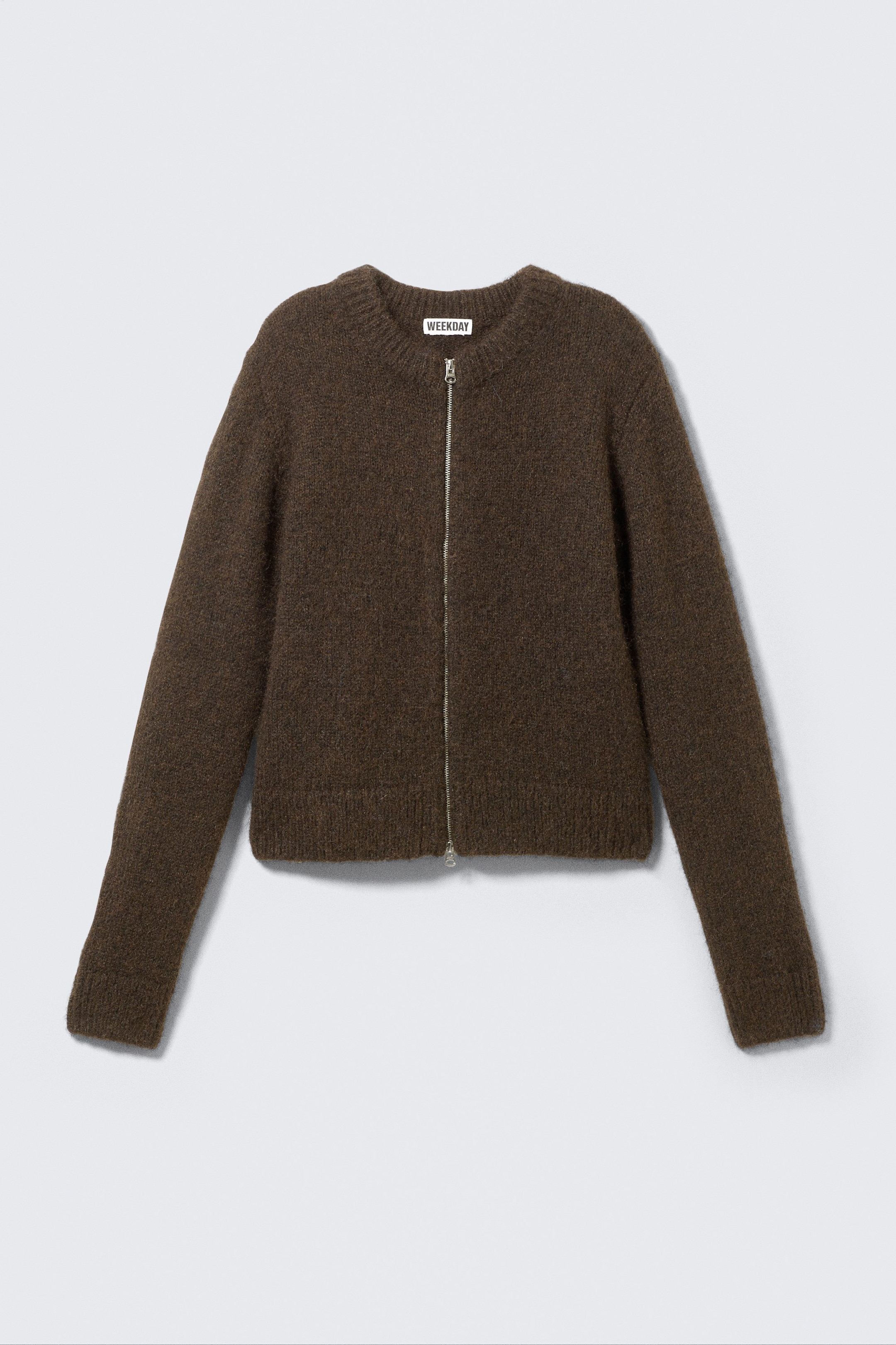 Dark Brown - Slim Knitted Zip Cardigan - 1