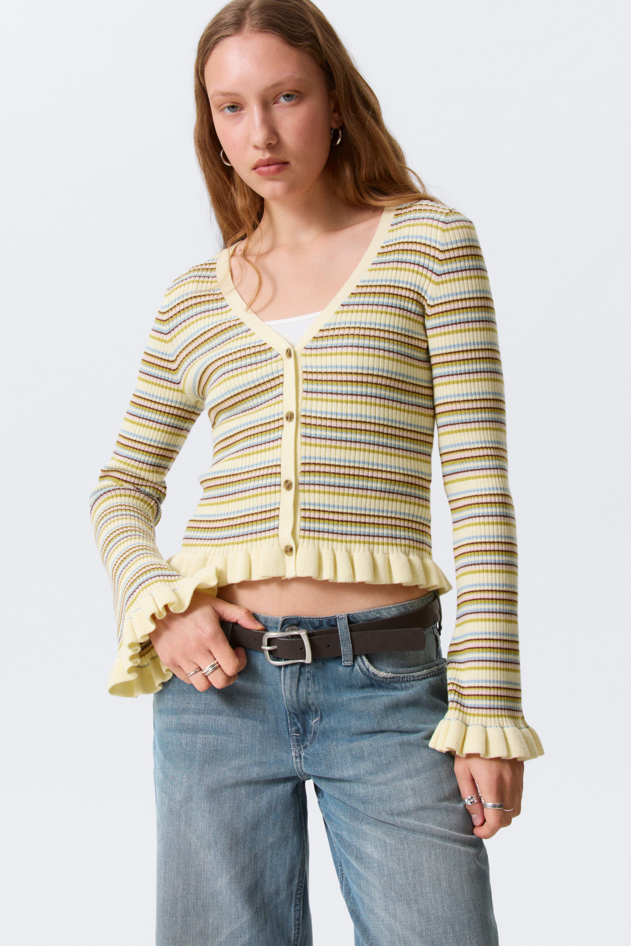 Striped Light Yellow - V-Neck Knitted Cardigan - 1
