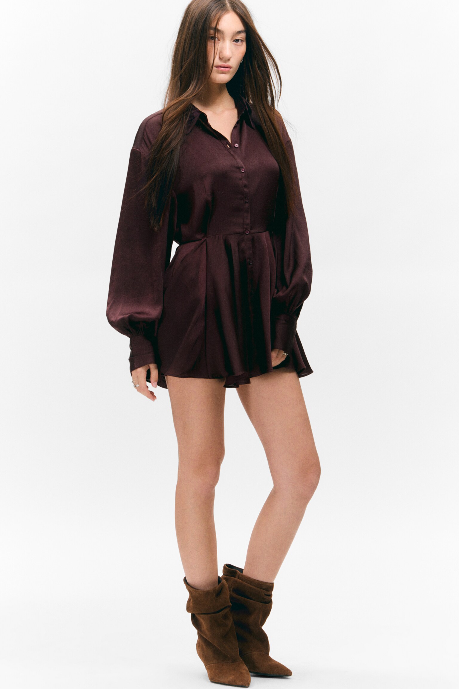 Long-Sleeved Fit-and-Flare Mini Dress - Dark Plum - 5