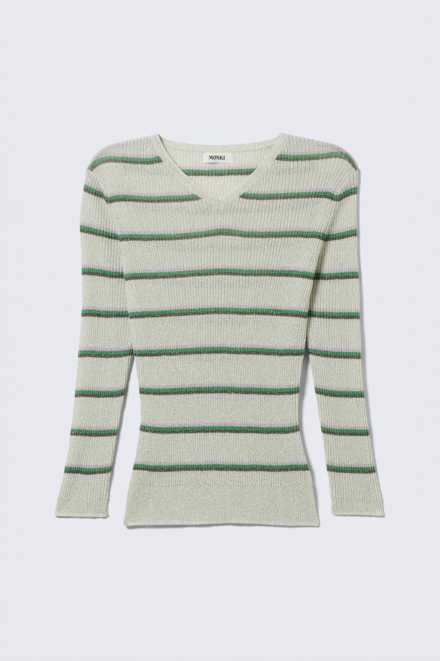 Pull ajusté en maille à col en V - Gris clair rayé/Rose clair - 2