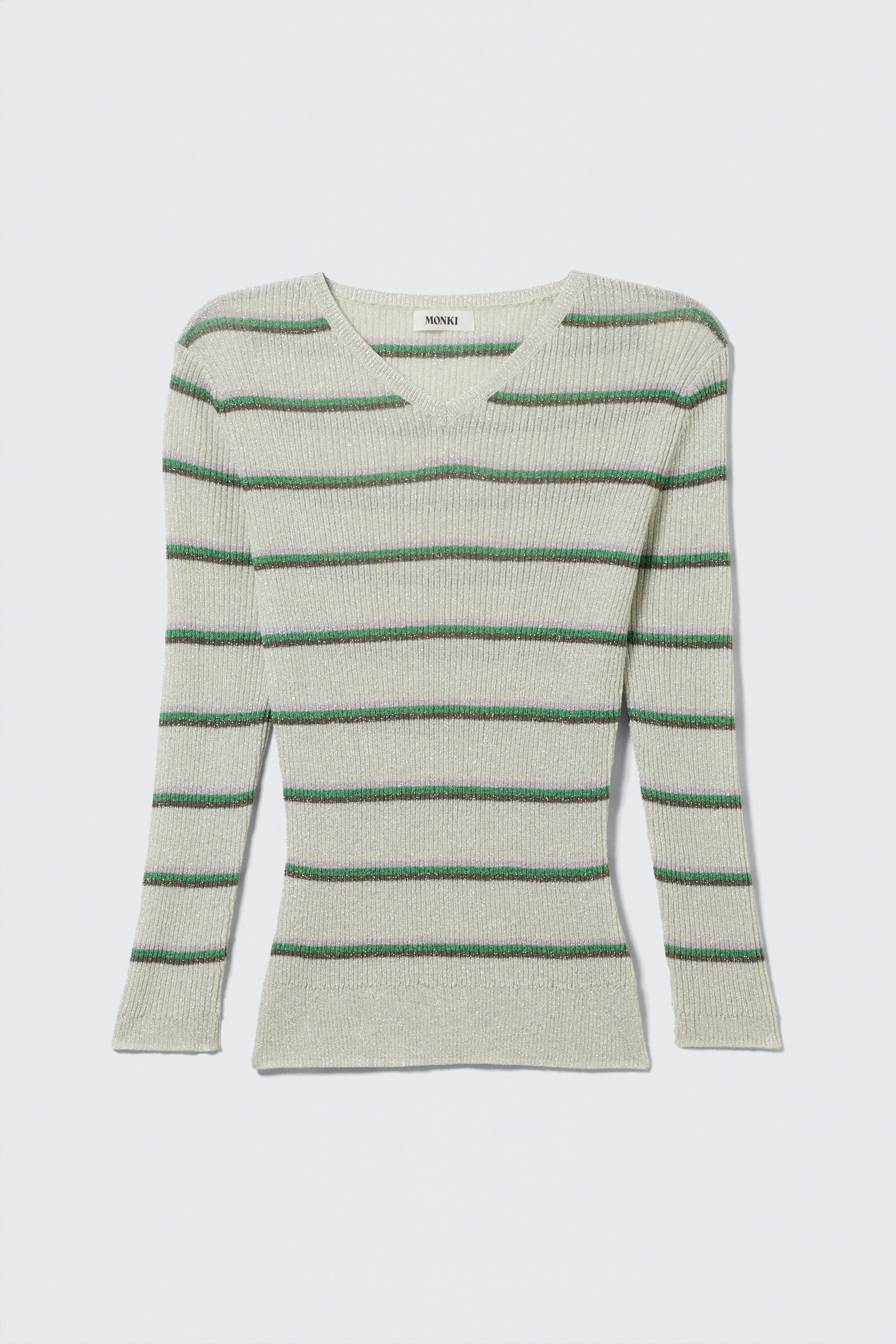 Grau gestreift - Schmal geschnittener Strickpulli mit V-Ausschnitt - 4