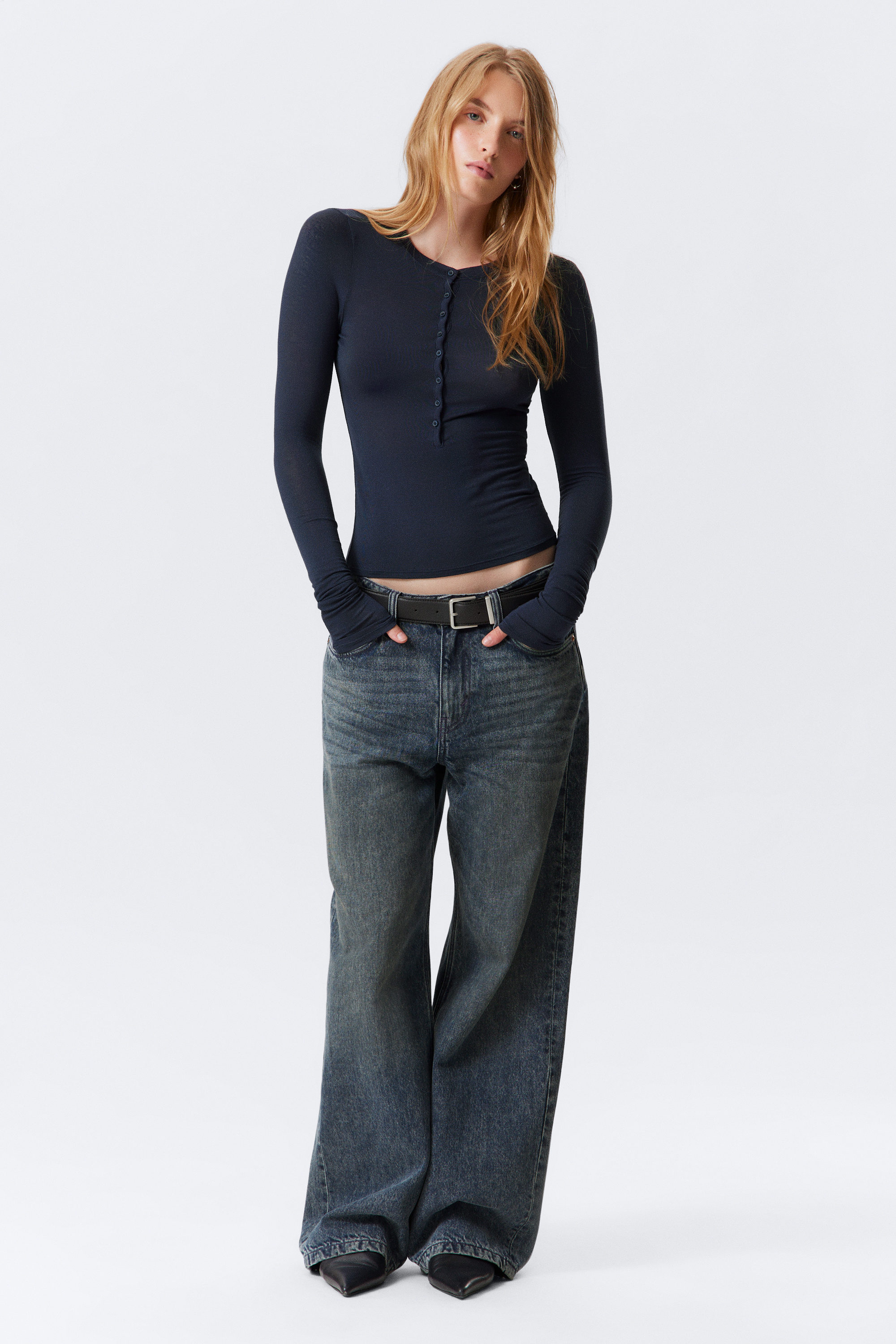 Dark Blue - SLIM BUTTONED LONG SLEEVE TOP - 2