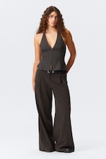 Dark Grey - Tie-Back Hook-and-Eye Halterneck Top - 1