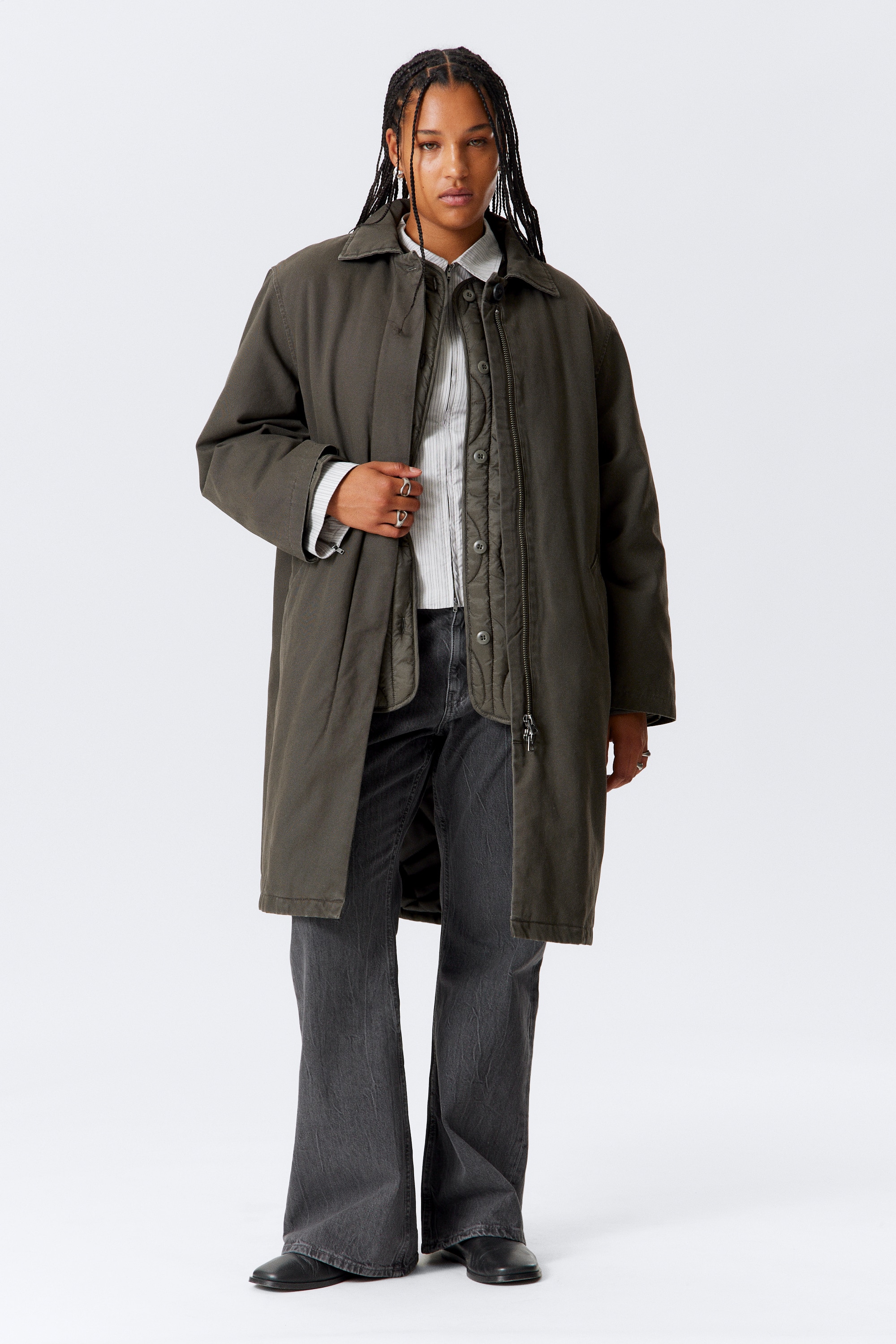 Loose Fit Canvas Car Coat - Dark Grey/Dark Khaki Green