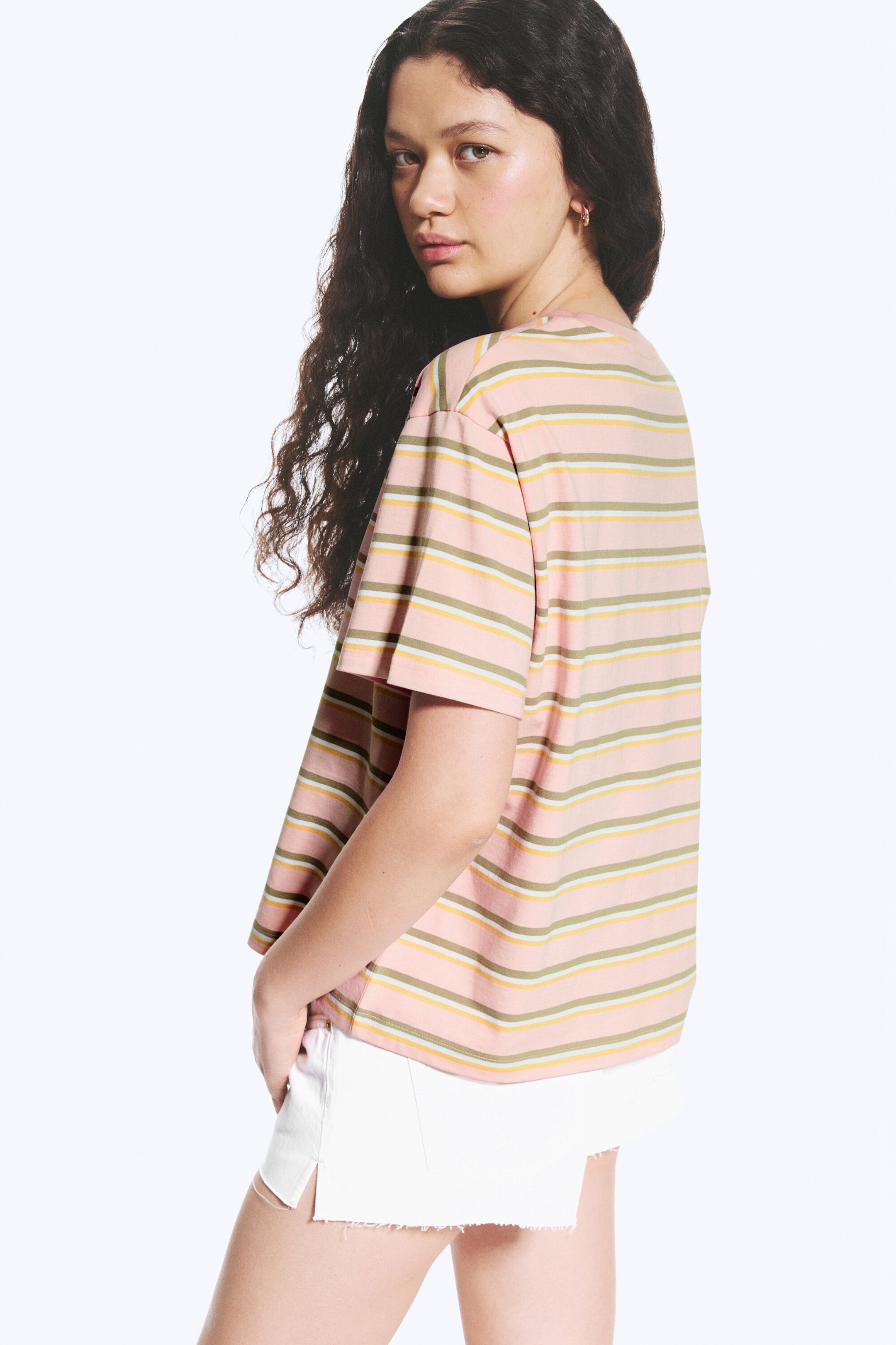 Pink/Khaki Stripe - Boxy Cotton T-shirt - 2