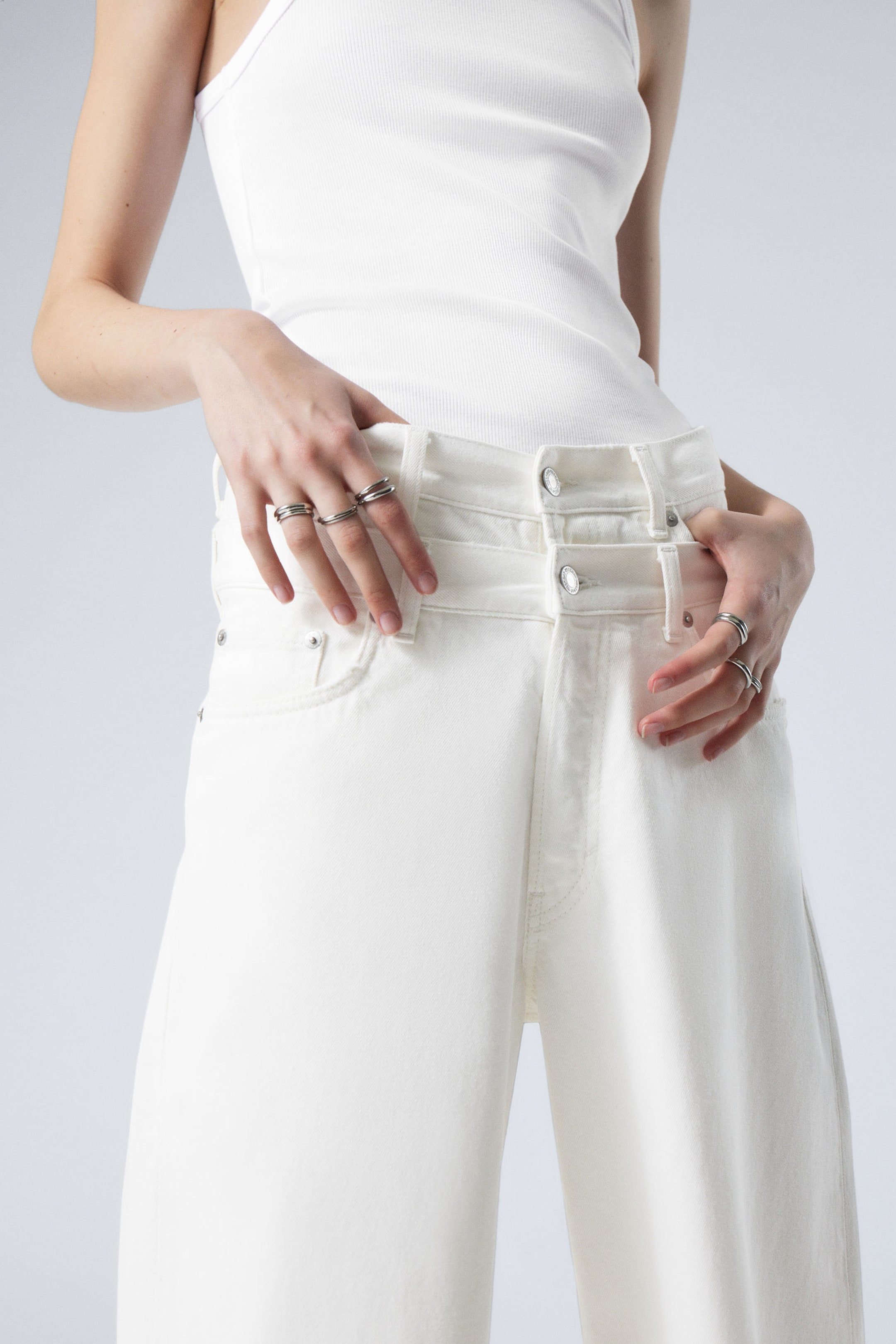 #FFFFFF - Dual High Waisted Loose Wide Leg Jeans - 2