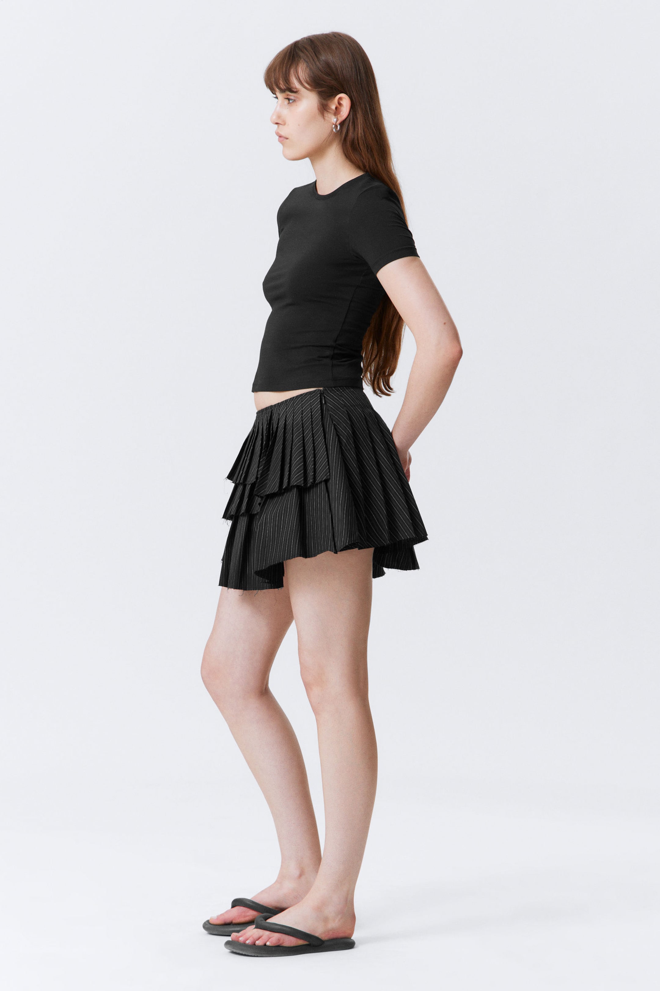 Striped Black - Pleated Layered Mini Skirt - 2
