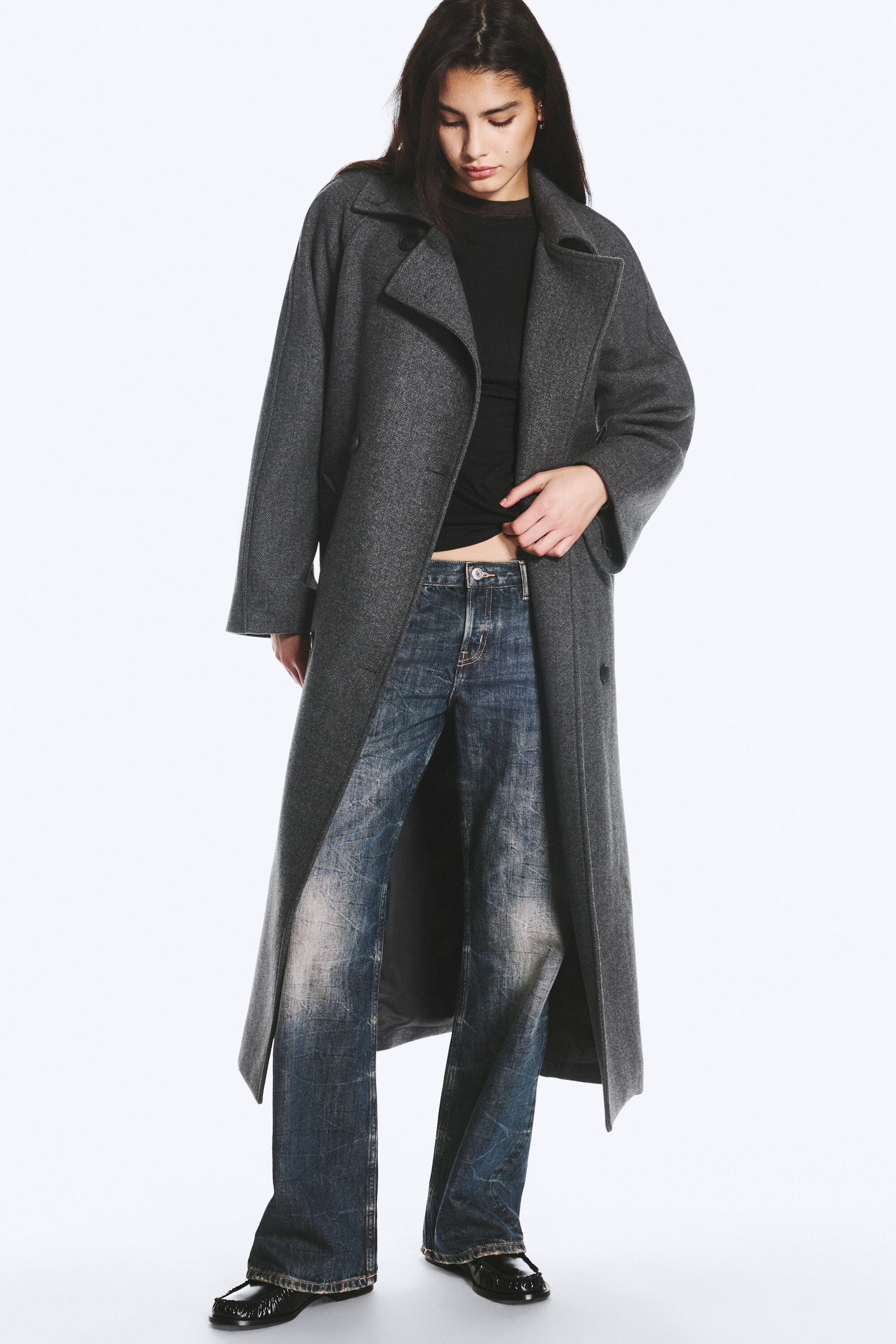 Gris foncé chiné - Manteau oversize croisé en laine mélangée Kia - 2
