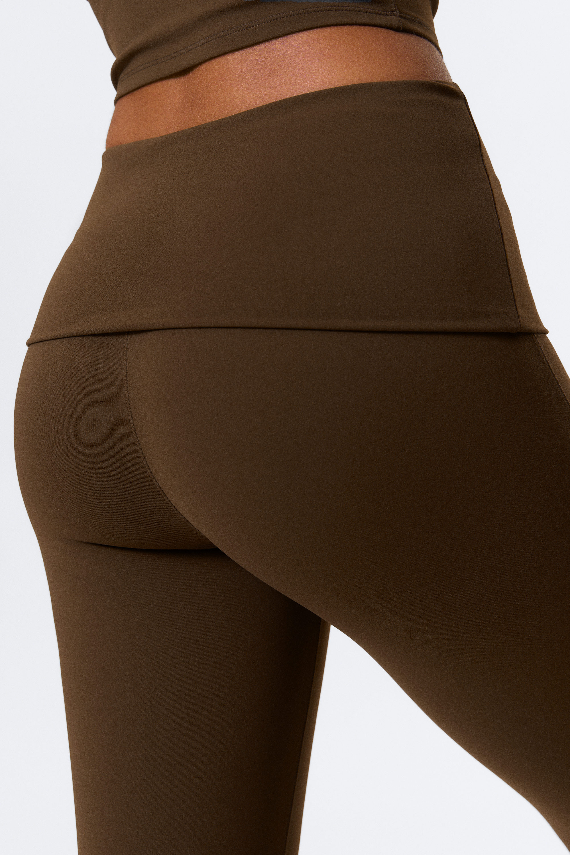 Dark Brown - Folded Waist Flared Yoga Tights - 3